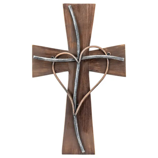 Rustic Wood Metal Heart Cross