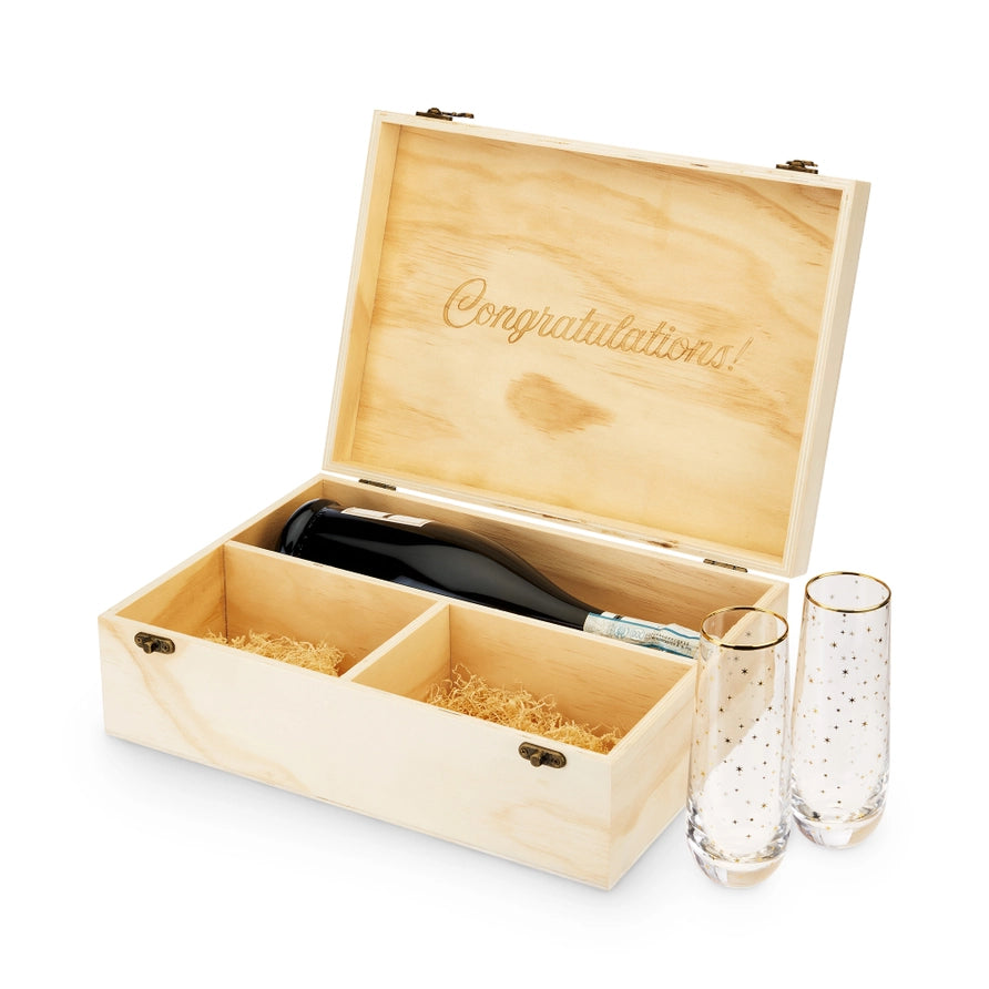 A Congratulations gift box with 2 flutes