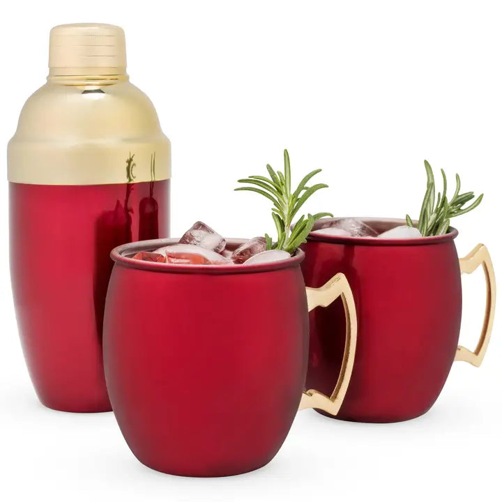 RED & GOLD Shaker with 2 stylish Moscow Mule mugs